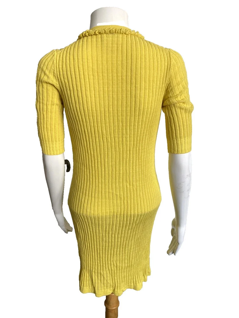 Vintage Chanel 09P Yellow Ribbed Knit Cardigan Sweater Dress FR-34 Button Ruffle